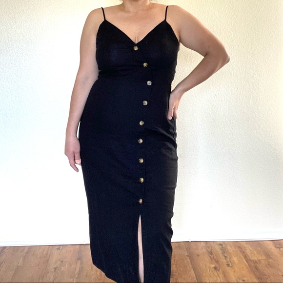 Spaghetti Strap Linen Black Midi Dress - Picture 2 of 12